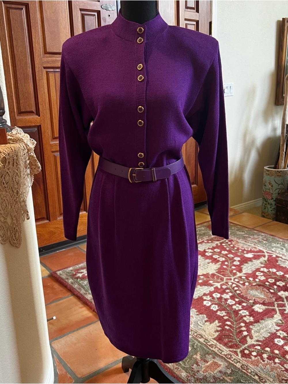 Vintage 80’s St John purple sweater dress size 6 Button Front Belt